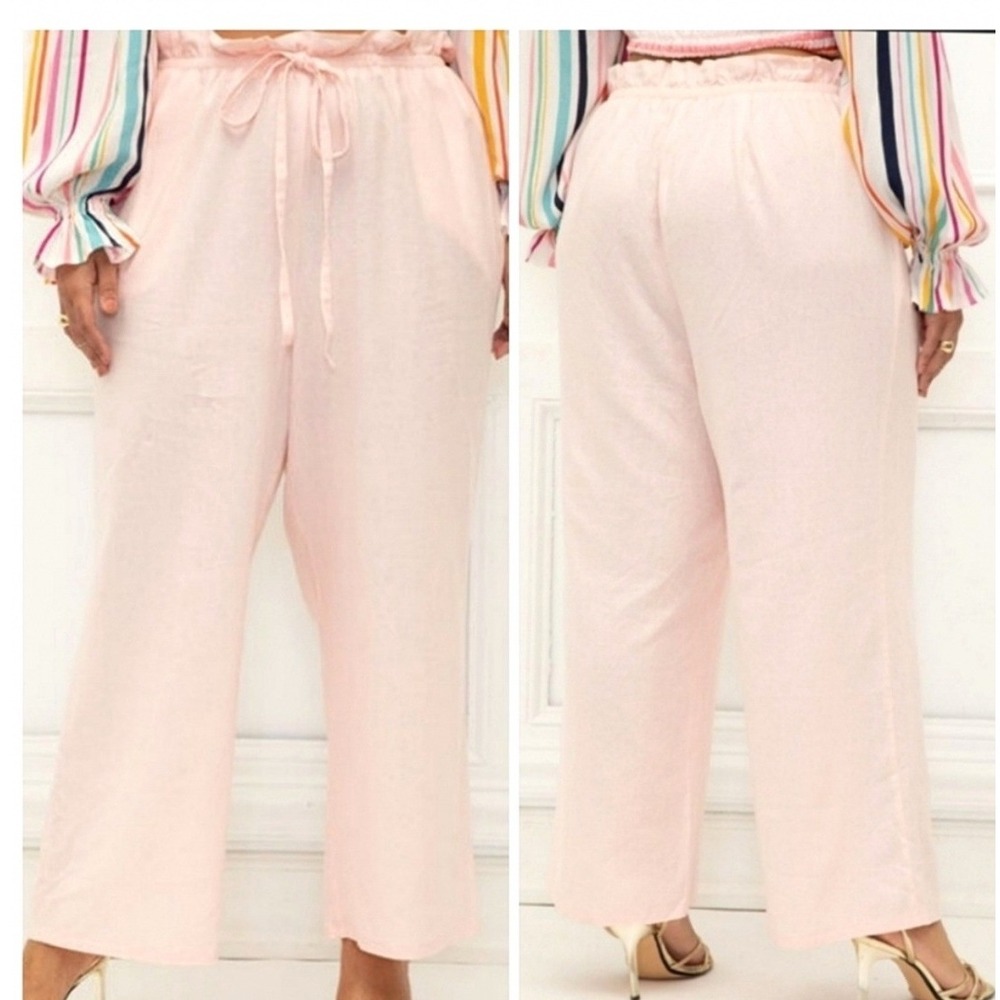 Eloquii‎ Elements Pink Linen Blend Wide Leg Ruffle Waist Pants Womens Size 16